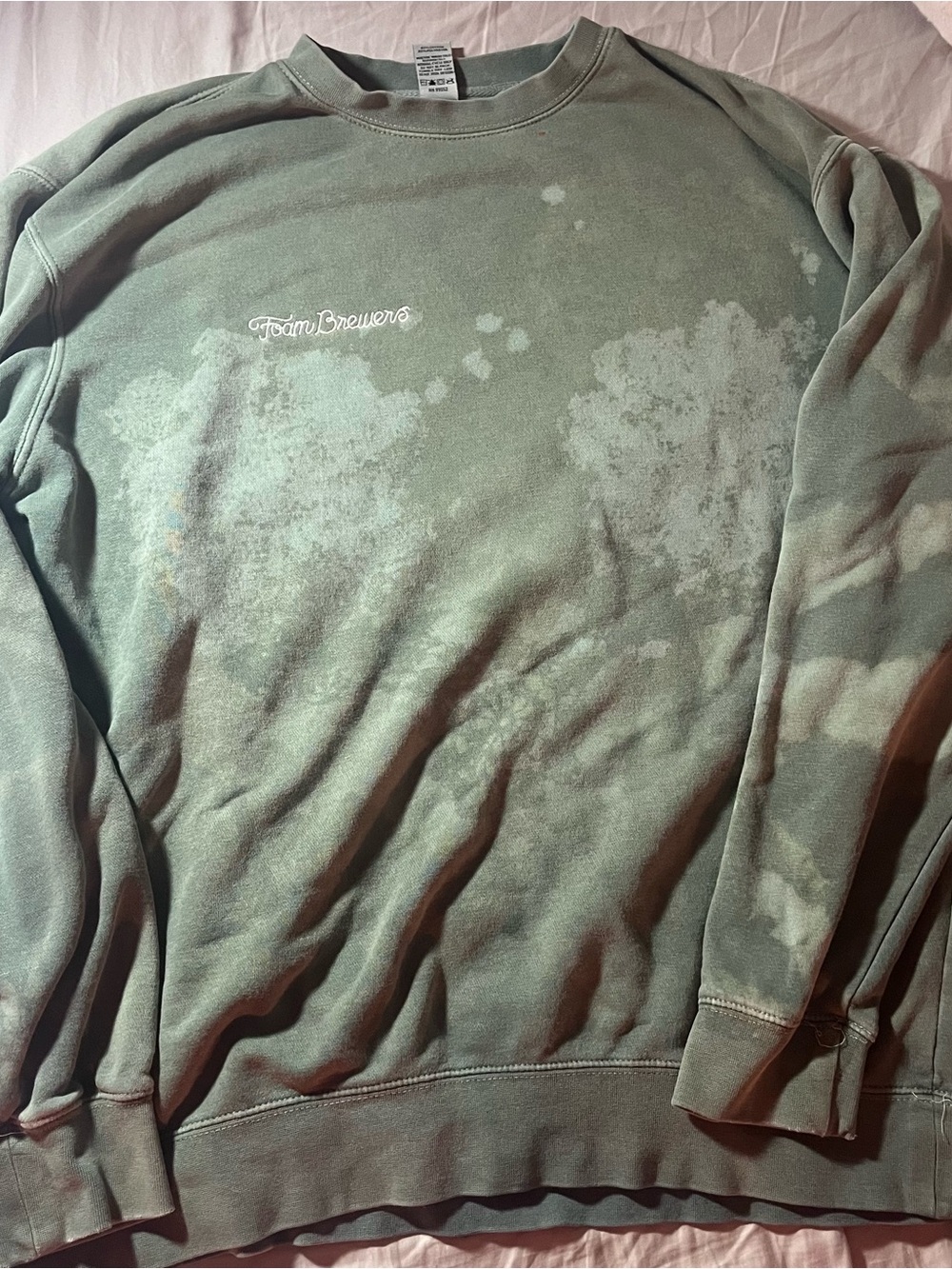 Foam Brewers sage green crewneck sweatshirt with lace bleached details
